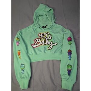 Dreamworks‎ Good Luck Trolls 90s Baby Cropped Hoodie Green Graphic Sweatshirt  S